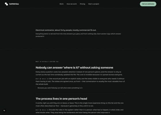 A generated brief, showing a named bottleneck, its cost, and what we would do about it, with the answer it was inferred from quoted underneath.