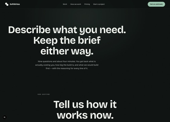 The Project Estimator's opening screen: 'Describe what you need. Keep the brief either way.'