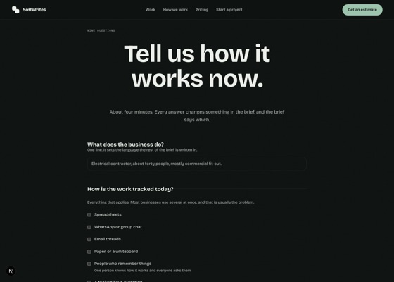 The nine-question interview, showing the first question and its checkbox options.