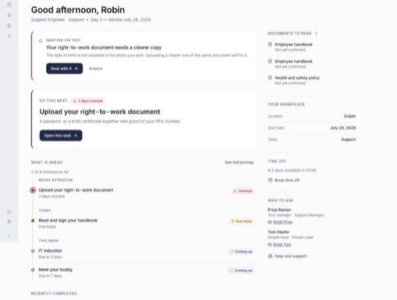 ODOnboard: the employee's home screen, showing only their own record, documents and outstanding actions.