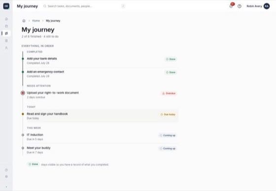 ODOnboard: a new starter's onboarding journey, showing each step, who owns it, and what is still blocking day one.